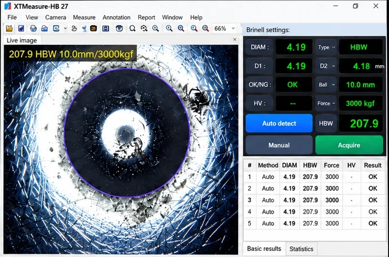 XTMeasure-HB measurement screen: automatic detection of a Brinell indentation, D1 and D2 diameters, 207.9 HBW result and results table